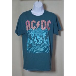 AC/DC Woman's Small Graphic T-Shirt Teal Blue Pink Green Rock Band Logo Tee